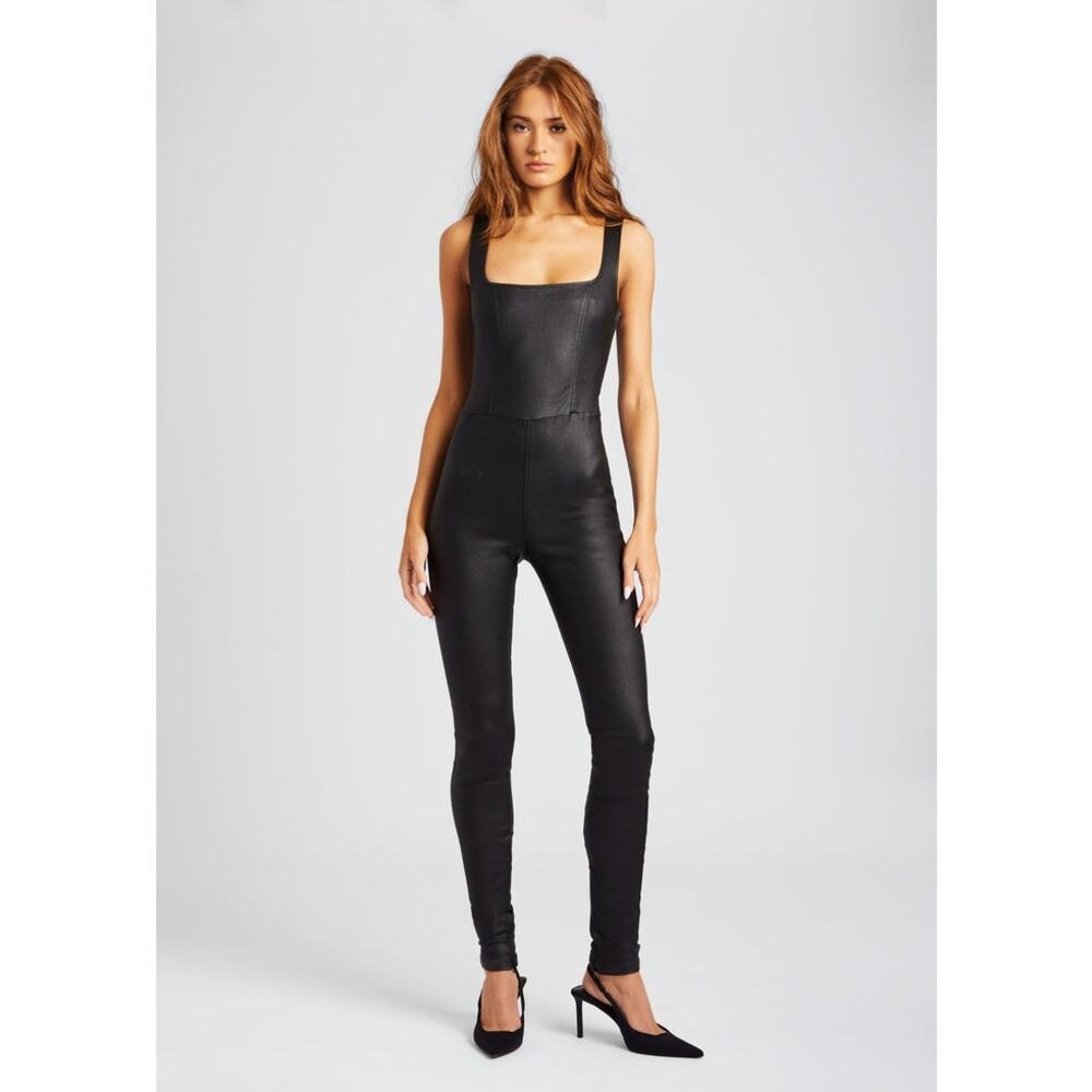 SER.O.YA Viper Coated Denim Catsuit in Coated Black Skinny Leg Jumpsuit Size XS